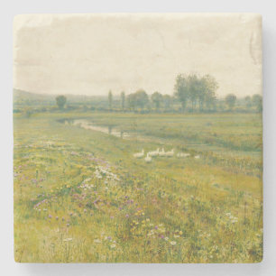 Een uitgestrekt weidelandschap met ganzen stenen onderzetter