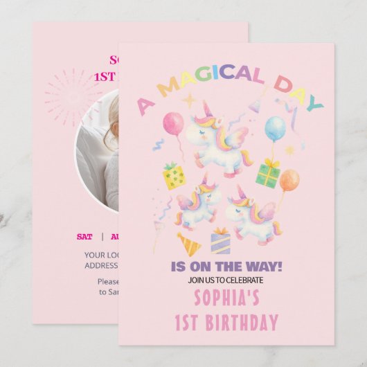 Een uitnodiging voor een Magische Unicorn Birthday (Voorkant / Achterkant)