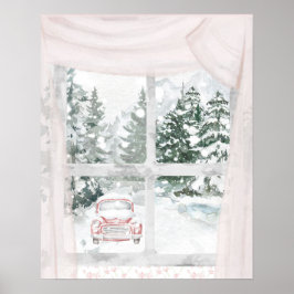Een Uitzicht van een besneeuwd bos door een raam Poster