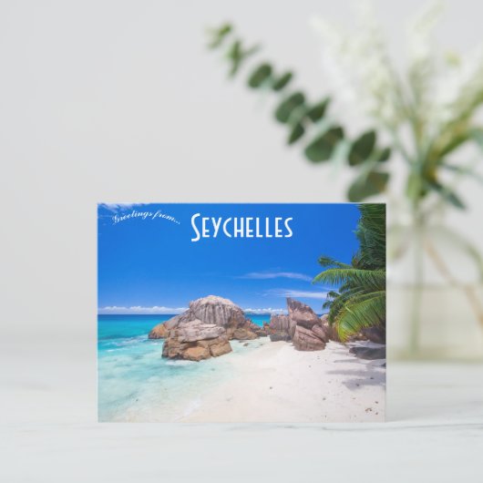 Een Uitzicht van een strand op de Seychellen Briefkaart (Staand voorkant)