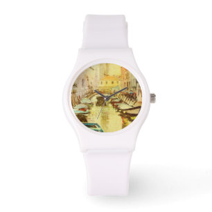 een Uitzicht van het kanaal met boten en gebouwen Horloge
