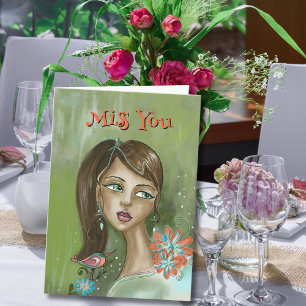Een unieke Miss You-Kaart met Floral Girl & Bird Kaart