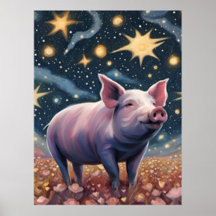 Een varken in de Sterrennacht Poster