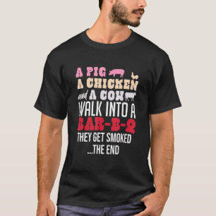 Een varken kip en koe lopen een bar-b-q binnen het t-shirt