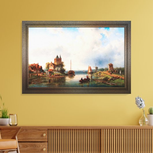 Een Vast rivierlandschap met windmolens Canvas Afdruk (Insitu (Woonkamer))