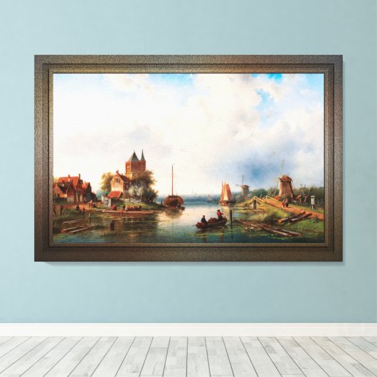 Een Vast rivierlandschap met windmolens Canvas Afdruk (Insitu (Houten vloer))