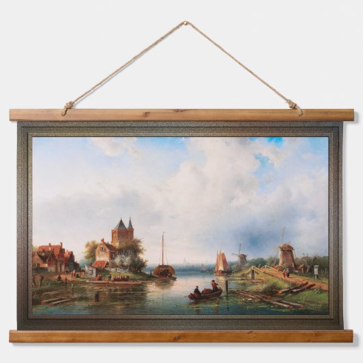 Een Vast rivierlandschap met windmolens Hangend Wandkleed (Voorkant)