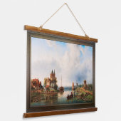 Een Vast rivierlandschap met windmolens Hangend Wandkleed (Gebogen)