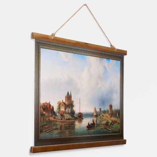 Een Vast rivierlandschap met windmolens Hangend Wandkleed (Gebogen)