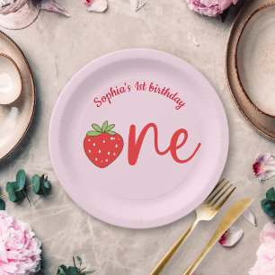 Eén Verjaardag van Aardbei Roze Papieren Bordje