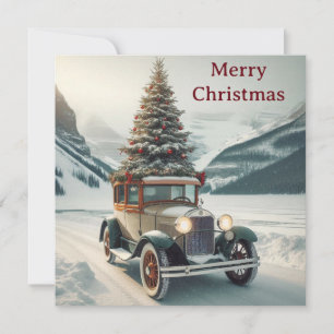 Een vintage kerstauto met een kerstboom feestdagenkaart