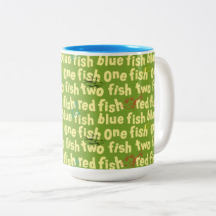 Eén Vis Twee Vissen Typografie Patroon Tweekleurige Koffiemok