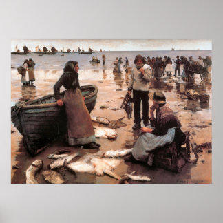 Een visverkoop op een Cornish Beach 1885 Poster
