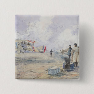 Een vliegtuig dat opstijgt, 1913 vierkante button 5,1 cm