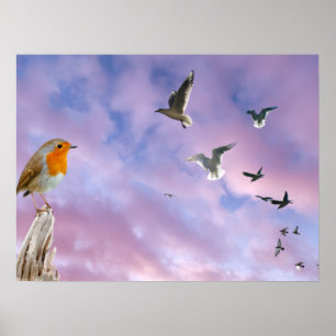 Een vogel kijkt naar de prachtige hemelzonsonderga poster