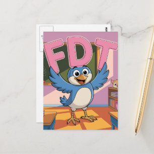 Een vogel met FDT letters in een klaslokaal Briefkaart