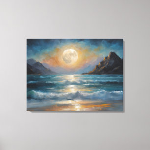Een volle maan over de oceaan met een berg canvas afdruk