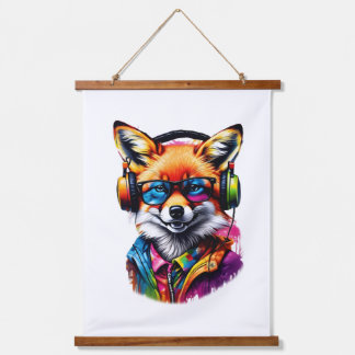 Een vos in hoofdtelefoon en bril hangend wandkleed