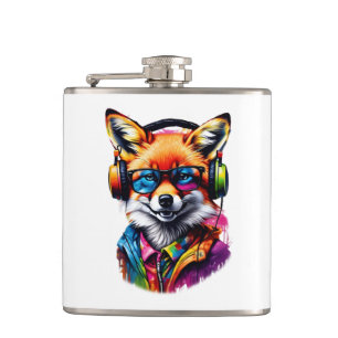 Een vos in hoofdtelefoon en bril heupfles