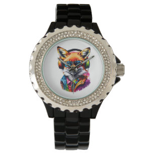 Een vos in hoofdtelefoon en bril horloge