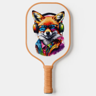Een vos in hoofdtelefoon en bril pickleball paddle