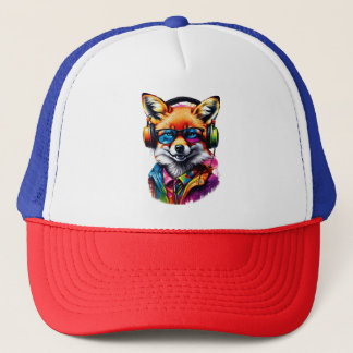 Een vos in hoofdtelefoon en bril trucker pet