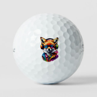 Een vos met hoofdtelefoon en bril golfballen