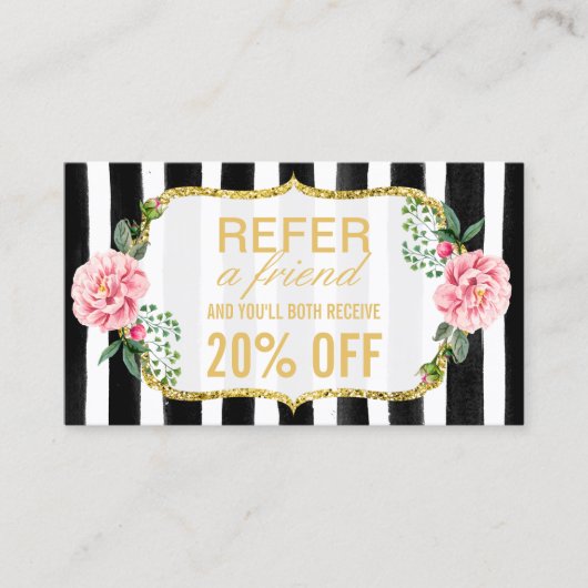 Een vriend doorverwijzen | Pink Floral Gold Stripe Aanbevelingskaartje (Voorkant)