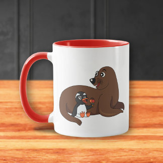 Een vriendelijke zeehond en een pinguïn cartoon mok