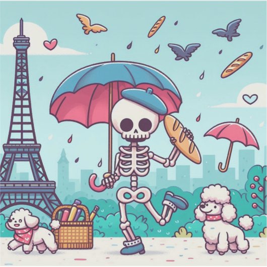 Een vrolijk skelet in het regenachtige Parijs Sticker (Voorkant)