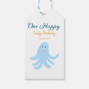 Een vrolijke blauwe octopus onder het zee cadeaulabel