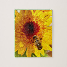 Een vrolijke bloem met een drukke bij puzzel.  legpuzzel