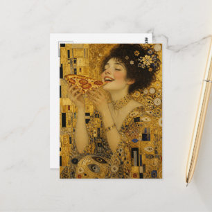 Een vrolijke dame met pizzapunt briefkaart
