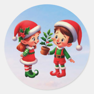 Een vrolijke jongen en meisje kerst elf ronde sticker