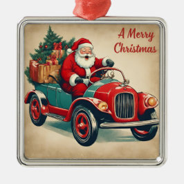 Een vrolijke kerst Vintage Santa in rode auto Metalen Ornament