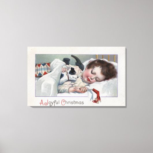 Een vrolijke kerstjongen die slaapt met puppy canvas afdruk (Voorkant)