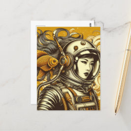 Een vrouw astronaut en een goudvis briefkaart