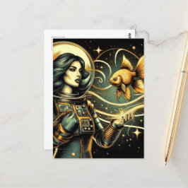 Een vrouw astronaut en een goudvis Scifi Briefkaart