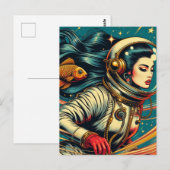 Een vrouw astronaut en een goudvis Scifi Retro Briefkaart (Voorkant / Achterkant)