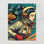 Een vrouw astronaut en een goudvis Scifi Retro Briefkaart (Voorkant)