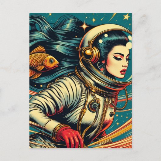 Een vrouw astronaut en een goudvis Scifi Retro Briefkaart (Voorkant)