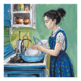 Een vrouw die afwas in een blauwe keuken. foto afdruk