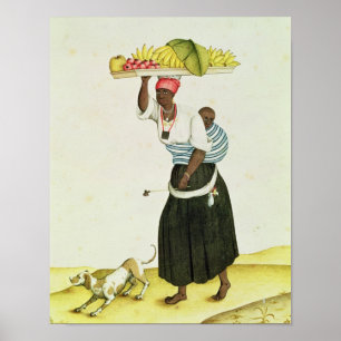 Een vrouw die een dienblad met fruit op haar hoofd poster