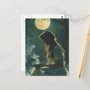 Een vrouw die een vollemaan spreuk uitvoert met wi briefkaart