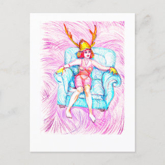 Een vrouw draagt een samoerai helm briefkaart