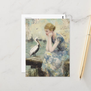 Een vrouw en een pelikaan Mixed Media Collage Briefkaart