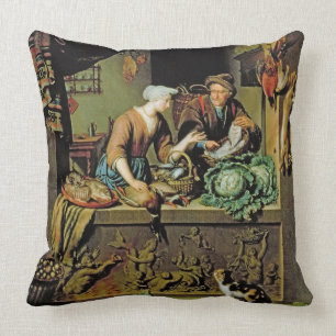 Een vrouw en een visverkoper, 1713 (olieverf op pa kussen