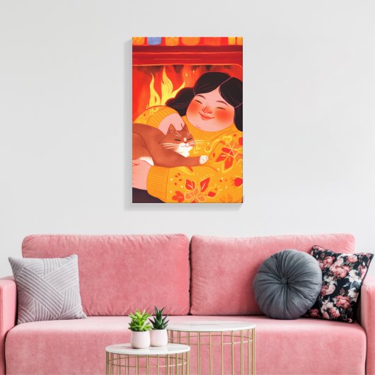 Een vrouw en haar kat canvas afdruk (Insitu (Woonkamer))