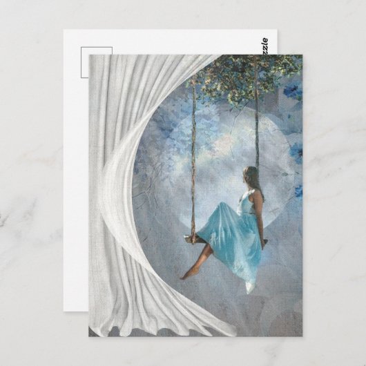 Een vrouw in een blauwe jurk op een vleugel briefkaart (Voorkant / Achterkant)