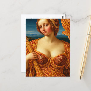 Een vrouw in een jurk gemaakt van Spaghetti Briefkaart